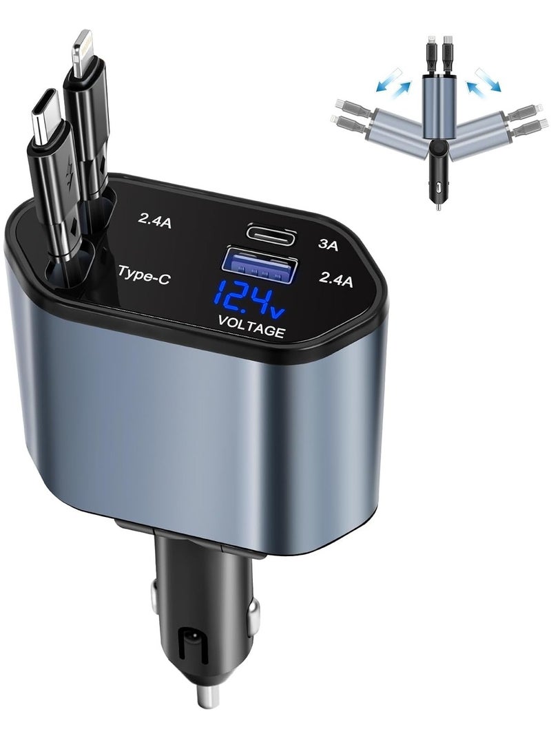 NEW Retractable Car Charger – 4-in-1 Fast Car Phone Charger (2 Retractable Cables + 2 USB Ports) Type-C Adapter for iPhone, Samsung, Google, iPad  More - Image 1
